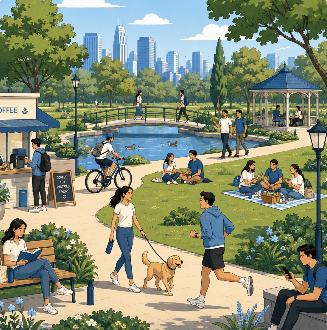 Illustrated city park: people walking a dog, cycling, picnicking by a pond and queuing at a coffee kiosk, with a skyline behind.